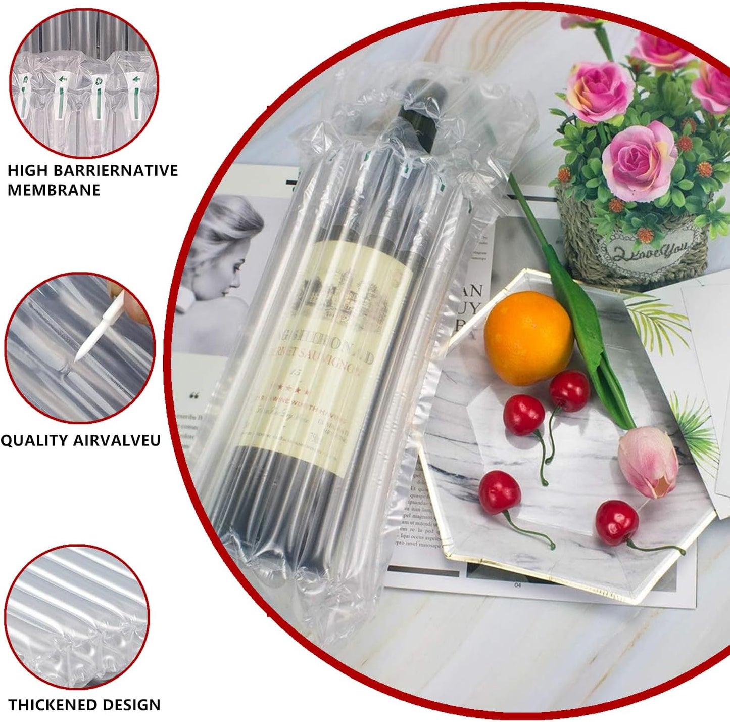 Wine Bottle Protector Bag for Travel, 50 Packs Inflatable Packaging Bubble Wrap for Wine Fruit Glass Bottle, Inflatable Air Column Cushion Bags with Free Pump in Airplane Cushioning