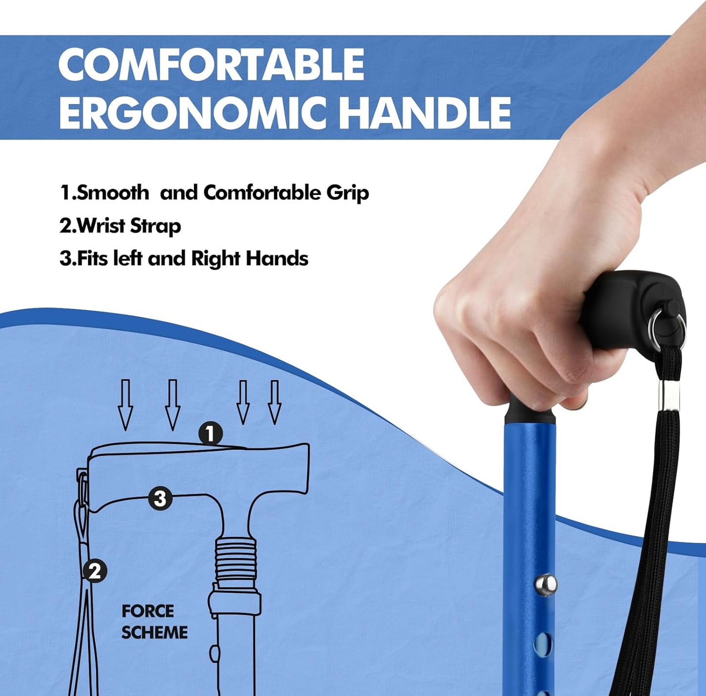 G2 Walking Stick, Fold-Up Walking Cane for Women and Men with Wrist Strap, Portable, Foldable, Collapsible, Lightweight and Sturdy with Comfortable T Handle