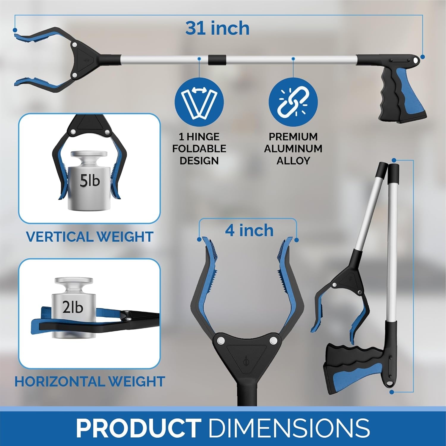 2024 Upgrade Powergrip T9, Grabber Reacher Tool, Wide Jaw, Foldable, Steel Cable, with 96 Grip Points for Firm Grip, 32" with Magnet