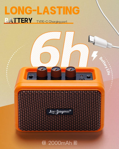 Mini Guitar Amplifier - 5W Dual Speaker BT Wireless Guitar Amp， Rechargeable Battery, Clean/Overdrive Modes, Headphone Jack,Ideal for Practice & Performance (Orange)