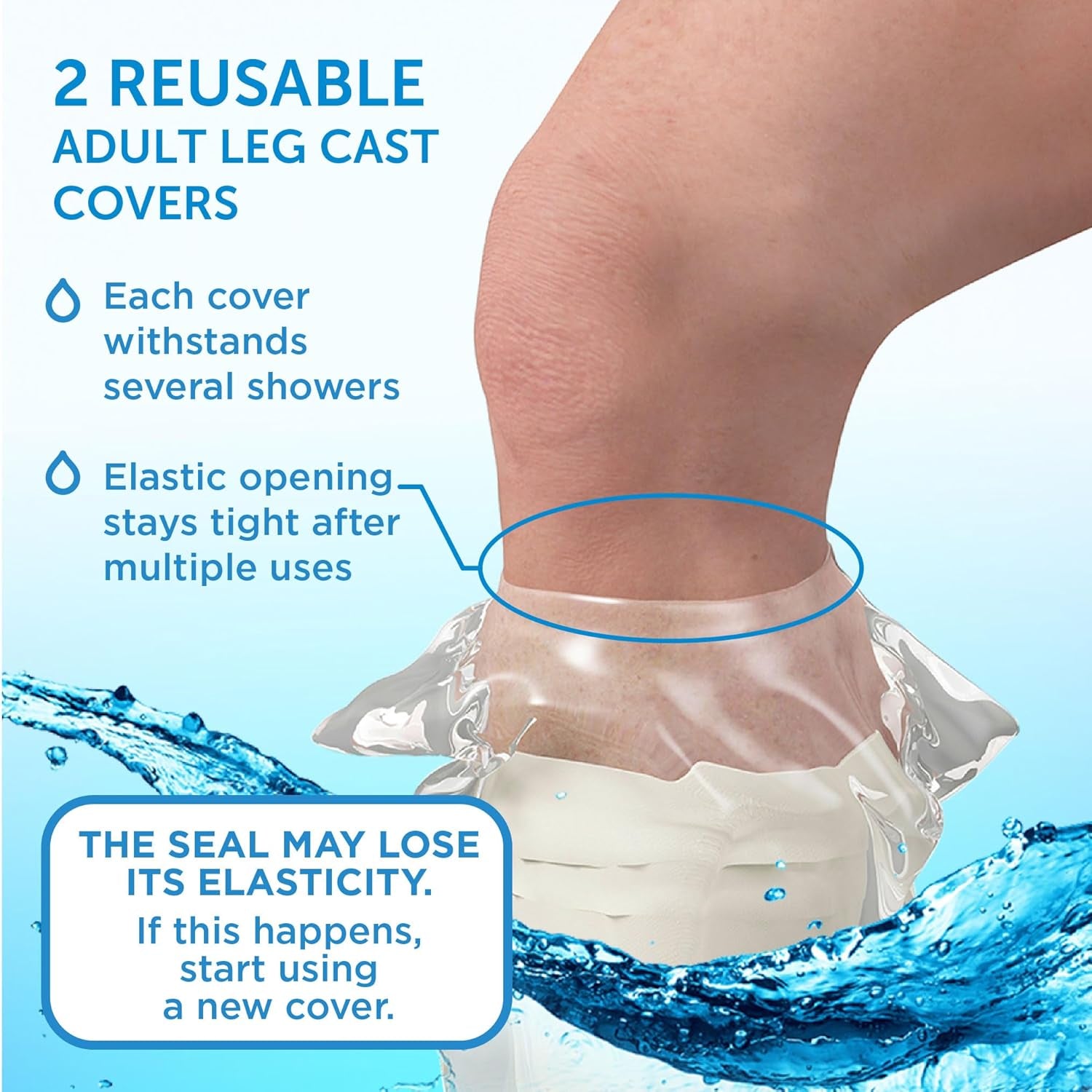 100% Waterproof Cast Covers for Shower Leg - 2Pk - Tight Seal - Reusable Adult Half Leg Cast Protectors - Knee, Ankle, Foot - after Surgery Bandage and Dressing Cast Bag for Wounds and Burns