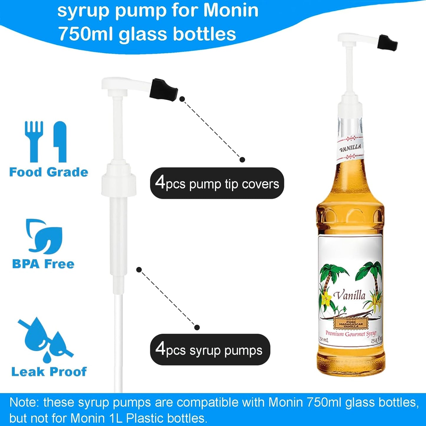 Syrup Pump for Monin 750Ml Glass Bottle, White Coffee Syrup Pump with Tip Cover Included (4)