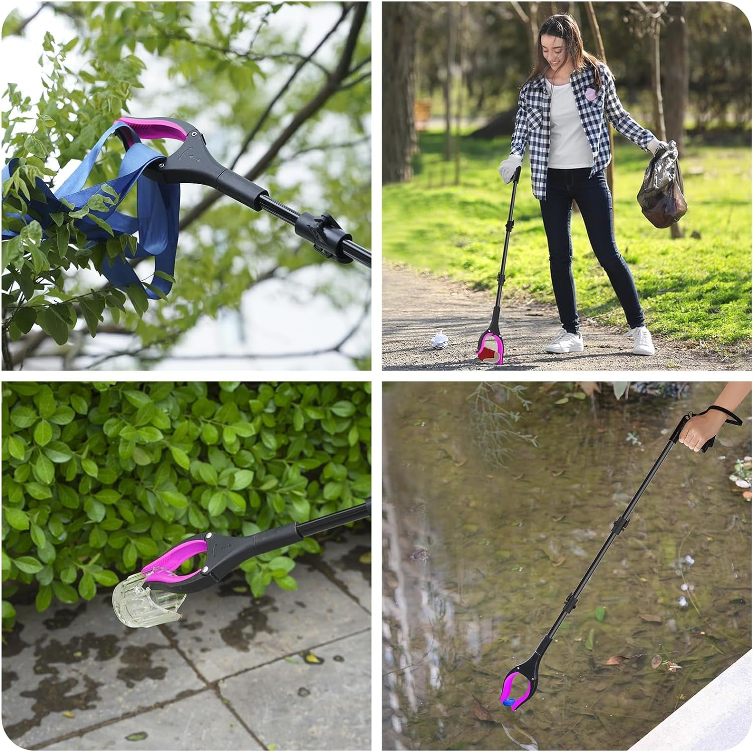 36" Grabber Reacher Tool, Foldable Reacher Grabber Pickup Tool with 360° Rotating Jaw & Two Magnets, Extra Long Trash Picker Upper Grabber, Lightweight Grabbers for Seniors, Pink