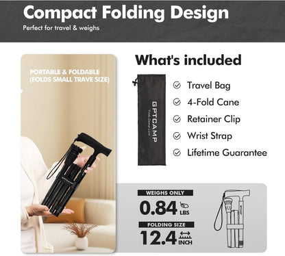 G2 Walking Stick, Fold-Up Walking Cane for Women and Men with Wrist Strap, Portable, Foldable, Collapsible, Lightweight and Sturdy with Comfortable T Handle