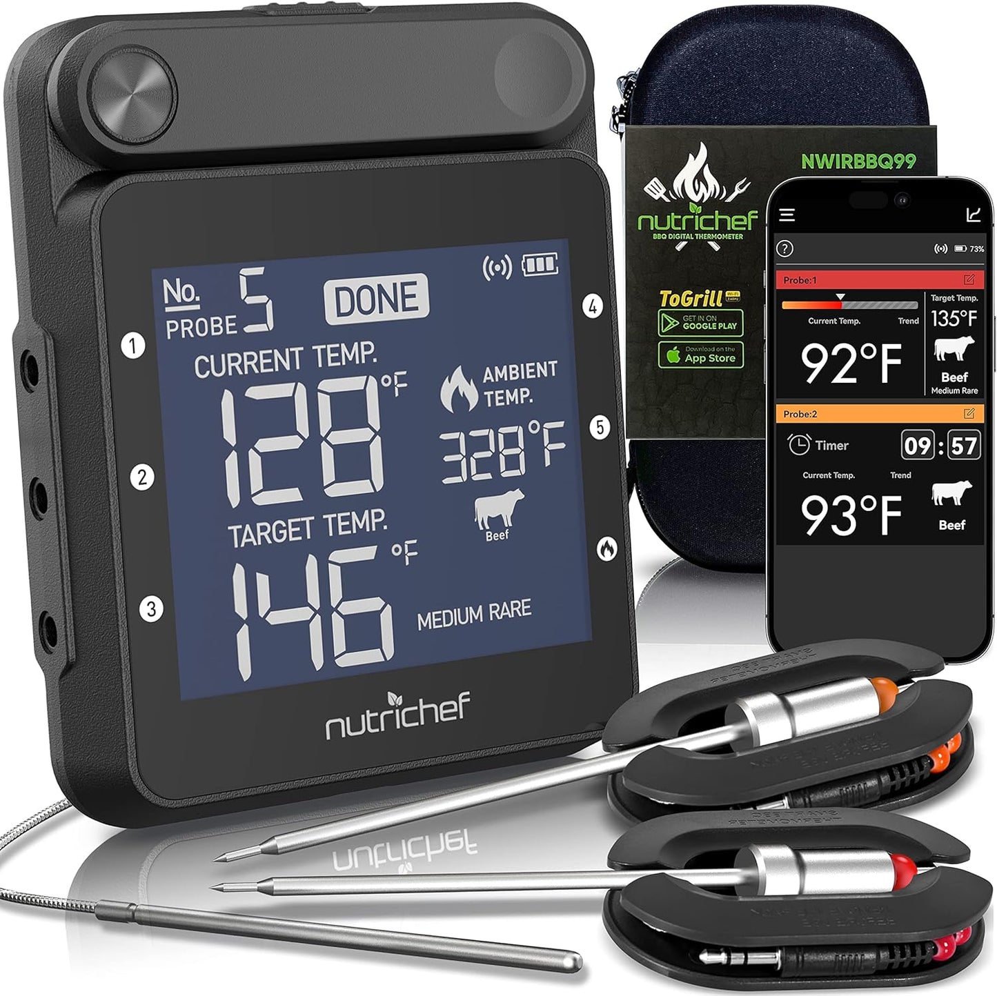 Smart BBQ Thermometer - Rechargeable Dual Probe System with Wifi & Bluetooth for Precise Grilling, Easy-To-Read Digital Display, Compatible with Any Smartphone for Outdoor Barbecue & Smoker