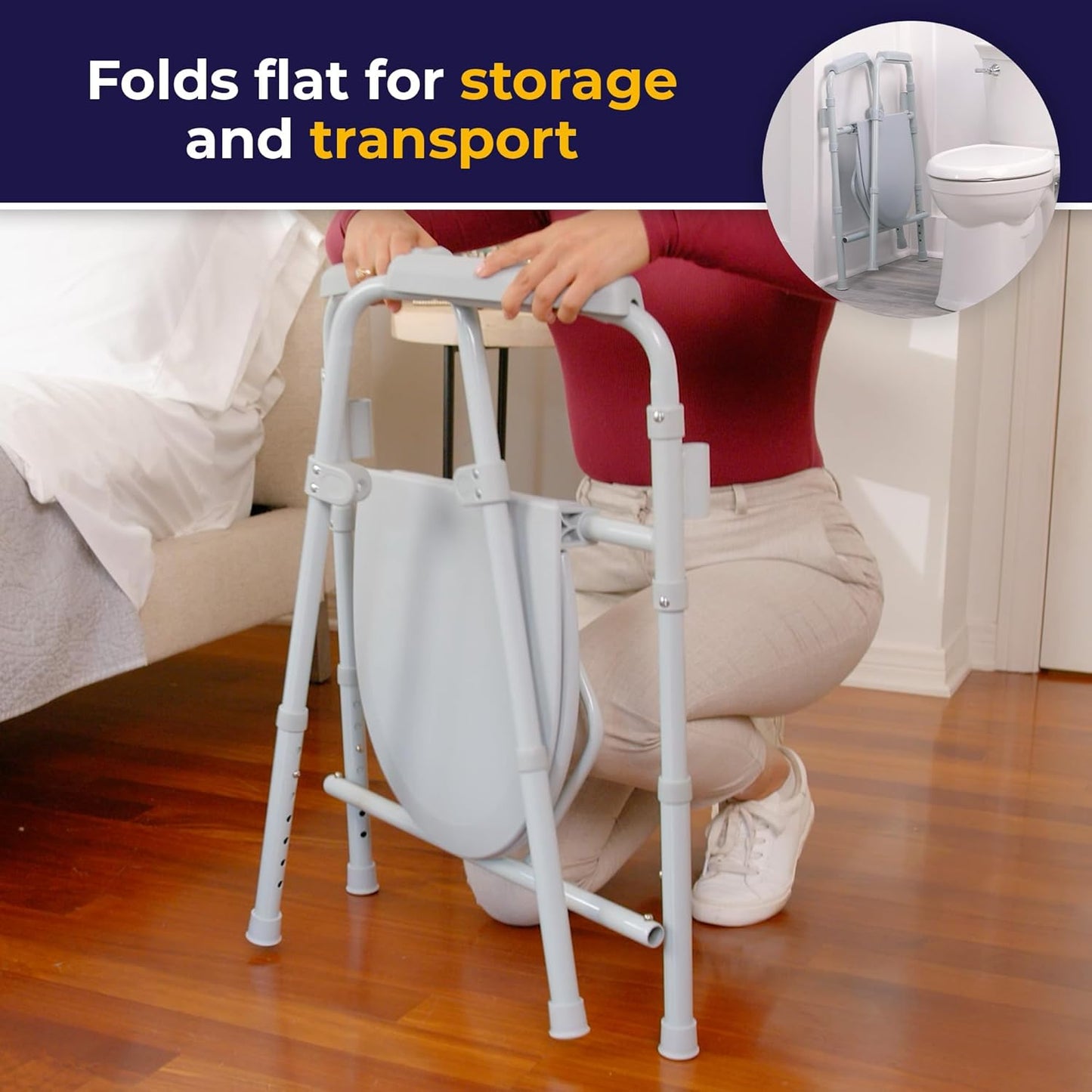 11148-1 Folding Steel Bedside Commode Chair, Portable Toilet, Supports Individuals Weighing up to 350 Lbs, with 7.5 Qt. Bucket and 13.5 Inch Seat, Grey