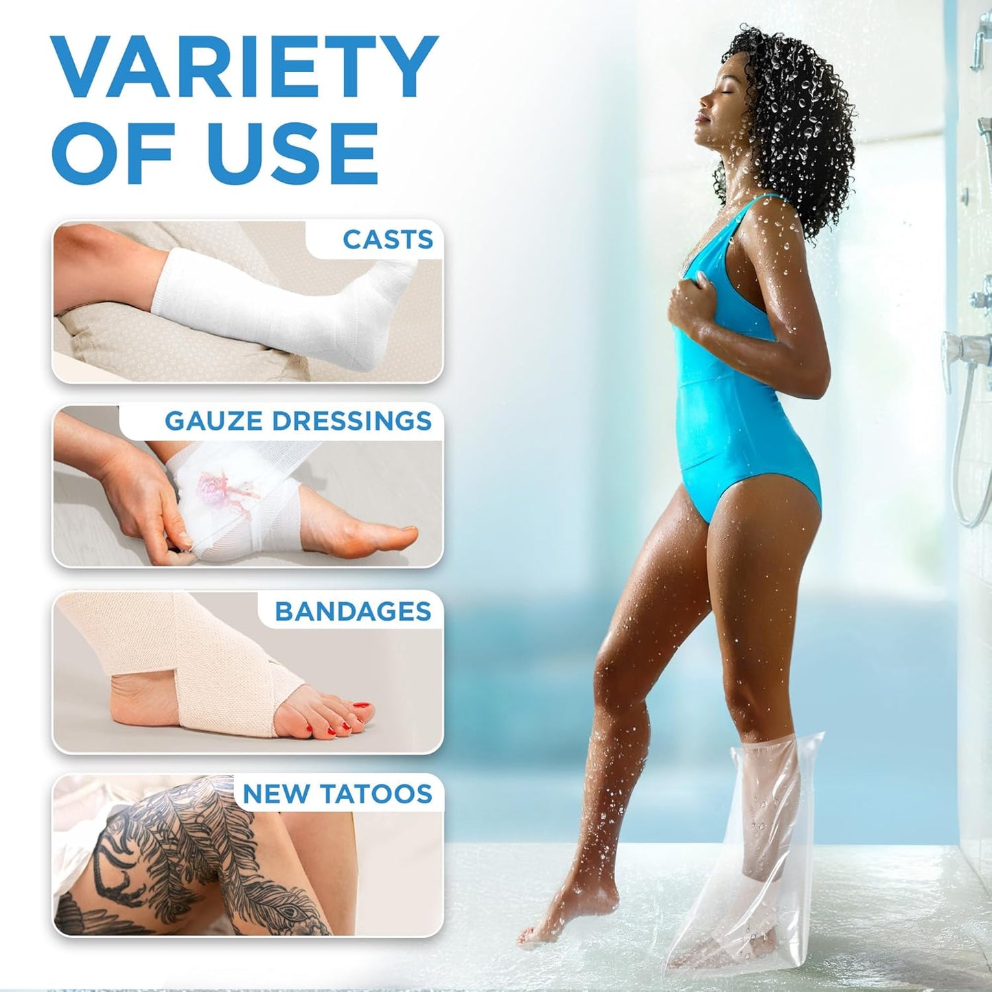 100% Waterproof Cast Covers for Shower Leg - 2Pk - Tight Seal - Reusable Adult Half Leg Cast Protectors - Knee, Ankle, Foot - after Surgery Bandage and Dressing Cast Bag for Wounds and Burns