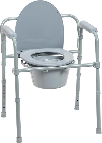 11148-1 Folding Steel Bedside Commode Chair, Portable Toilet, Supports Individuals Weighing up to 350 Lbs, with 7.5 Qt. Bucket and 13.5 Inch Seat, Grey
