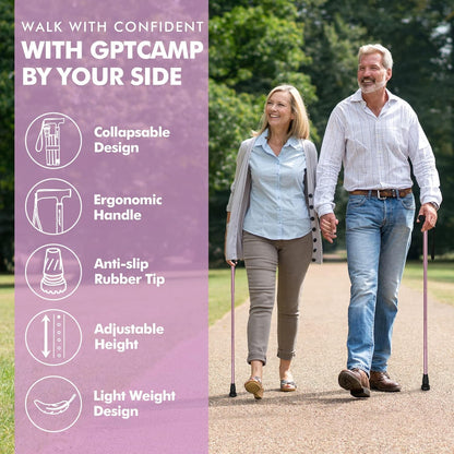 G2 Walking Stick, Fold-Up Walking Cane for Women and Men with Wrist Strap, Portable, Foldable, Collapsible, Lightweight and Sturdy with Comfortable T Handle