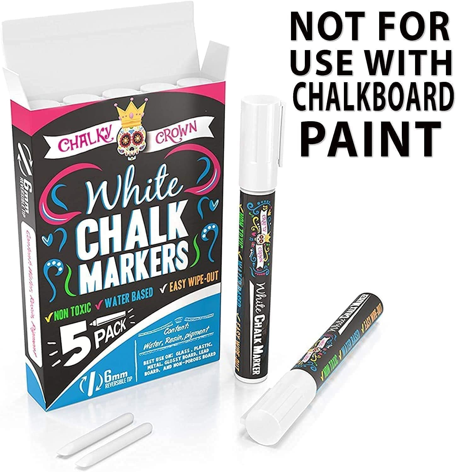 Liquid Chalk Marker Pen - White Drawing Chalk - Chalkboard Markers for Chalkboard Signs, Windows, Blackboard, Glass - 6Mm Reversible Tip (5 Pack)