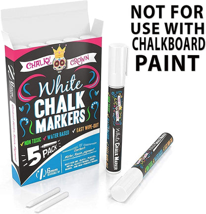 Liquid Chalk Marker Pen - White Drawing Chalk - Chalkboard Markers for Chalkboard Signs, Windows, Blackboard, Glass - 6Mm Reversible Tip (5 Pack)