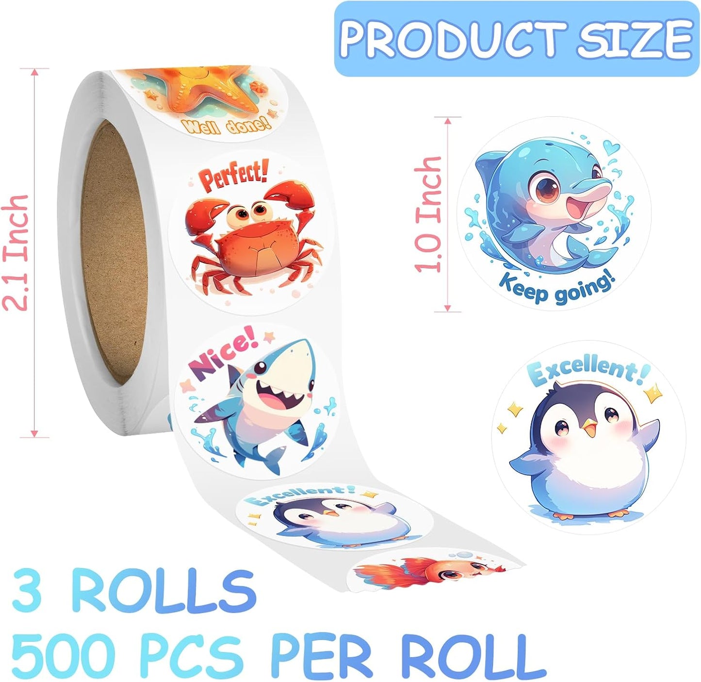 3 Rolls Animal Stickers for Kids, 1500 PCS Kids Stickers Bulk for Toddlers 2-4, 24 Designs Farm/Ocean/Wild Cute Sticker with Motivational Words for Kid Reward, School Supplies (1.0 Inch)