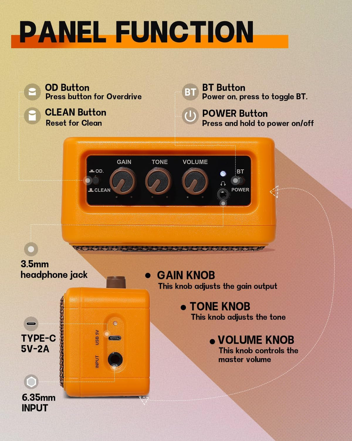 Mini Guitar Amplifier - 5W Dual Speaker BT Wireless Guitar Amp， Rechargeable Battery, Clean/Overdrive Modes, Headphone Jack,Ideal for Practice & Performance (Orange)