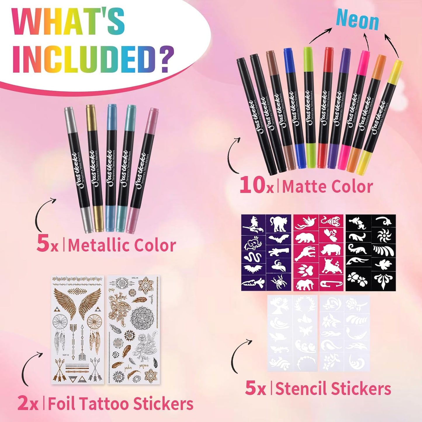 Temporary Tattoo Markers for Skin,15Pcs Dual-Ended Tattoo Pen + 50 Paint Stencils + 43 Tattoos Stickers,Glitter & Matte & Neon Glow Body Marker Set, Removable Fake Tattoos Kit for Teens and Adult