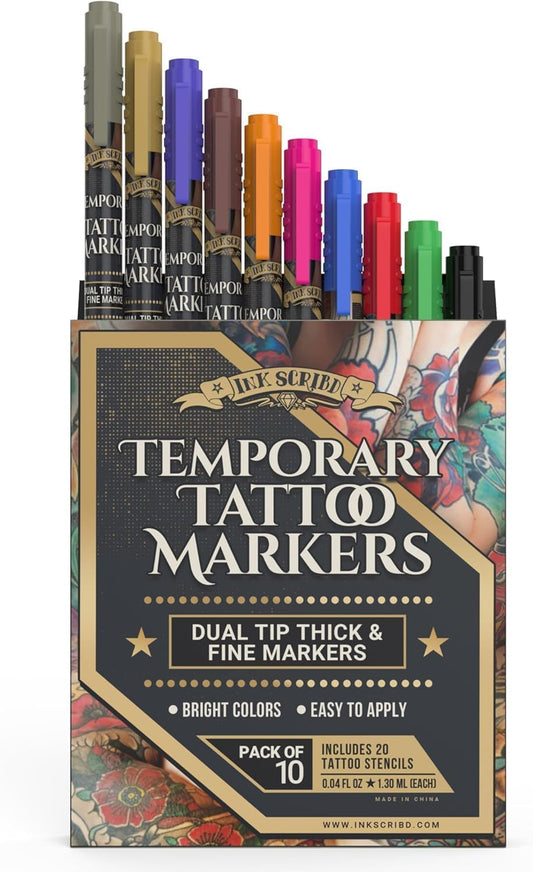 Tattoo Pen Kit for Skin – 10 Temporary Tattoo Markers with Dual Tips & 20 Stencils, Body-Safe Ink for Face, Hands & Arms – Fun Body Art Pens for Kids, Teens, Parties, Festivals & Costume Design