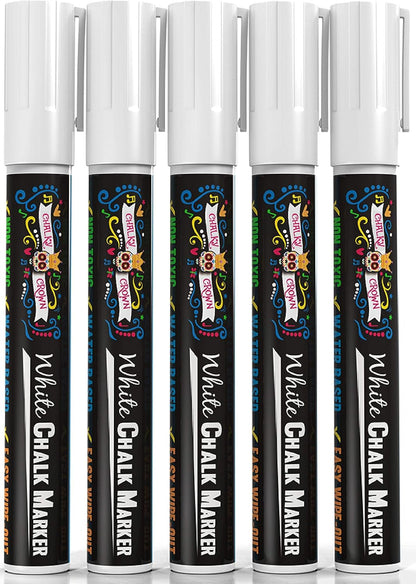 Liquid Chalk Marker Pen - White Drawing Chalk - Chalkboard Markers for Chalkboard Signs, Windows, Blackboard, Glass - 6Mm Reversible Tip (5 Pack)