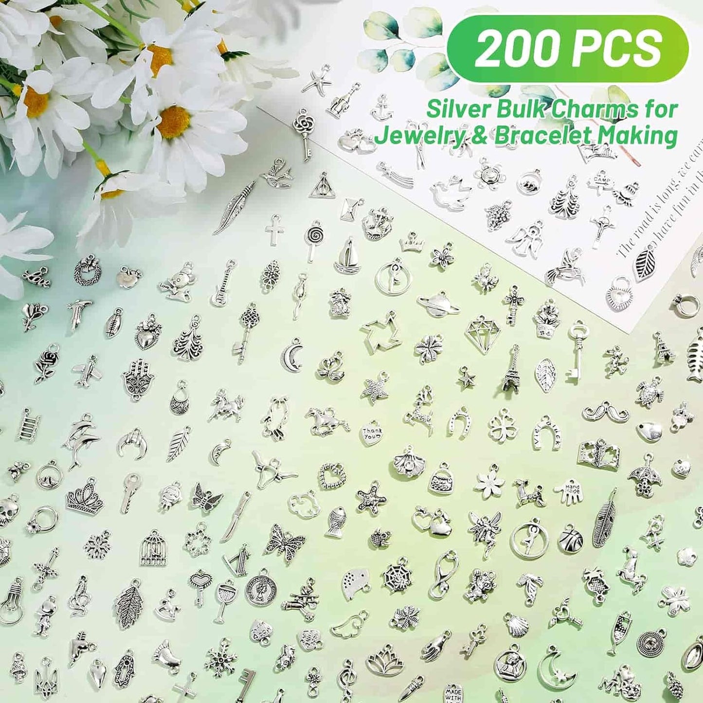 200Pcs Silver Charms for Jewelry Making and Bracelets, Wholesale Bulk Assorted Mixed Tibetan Earring Charms for DIY Necklace Bracelet Jewelry Making and Crafting