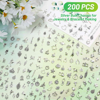 200Pcs Silver Charms for Jewelry Making and Bracelets, Wholesale Bulk Assorted Mixed Tibetan Earring Charms for DIY Necklace Bracelet Jewelry Making and Crafting