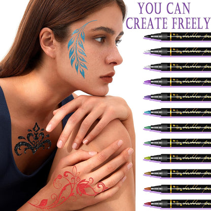 Temporary Tattoo Markers for Kids and Adults, 12 Metallic Markers and 155 Tattoo Stencil Designs, Cosmetic Tattoos Pens for Party Favor Gift and Face Painting