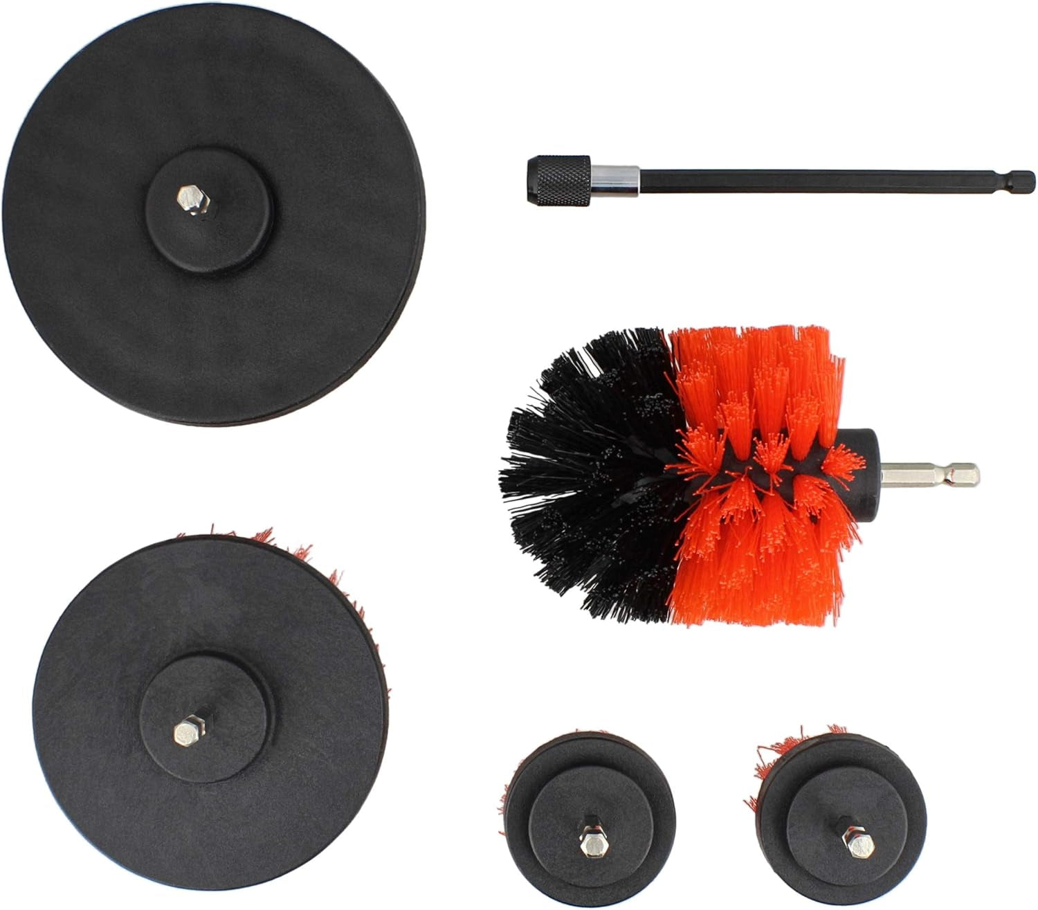 1/4In Drive Nylon Power Scrubber Drill Brush Attachment 5Pc Set with 1Pc Extension - Shower Cleaner, Spa Hot Tub Scrubber, Carpet Brush, Grout Cleaner for Home and Auto Car - Red Stiff Bristle