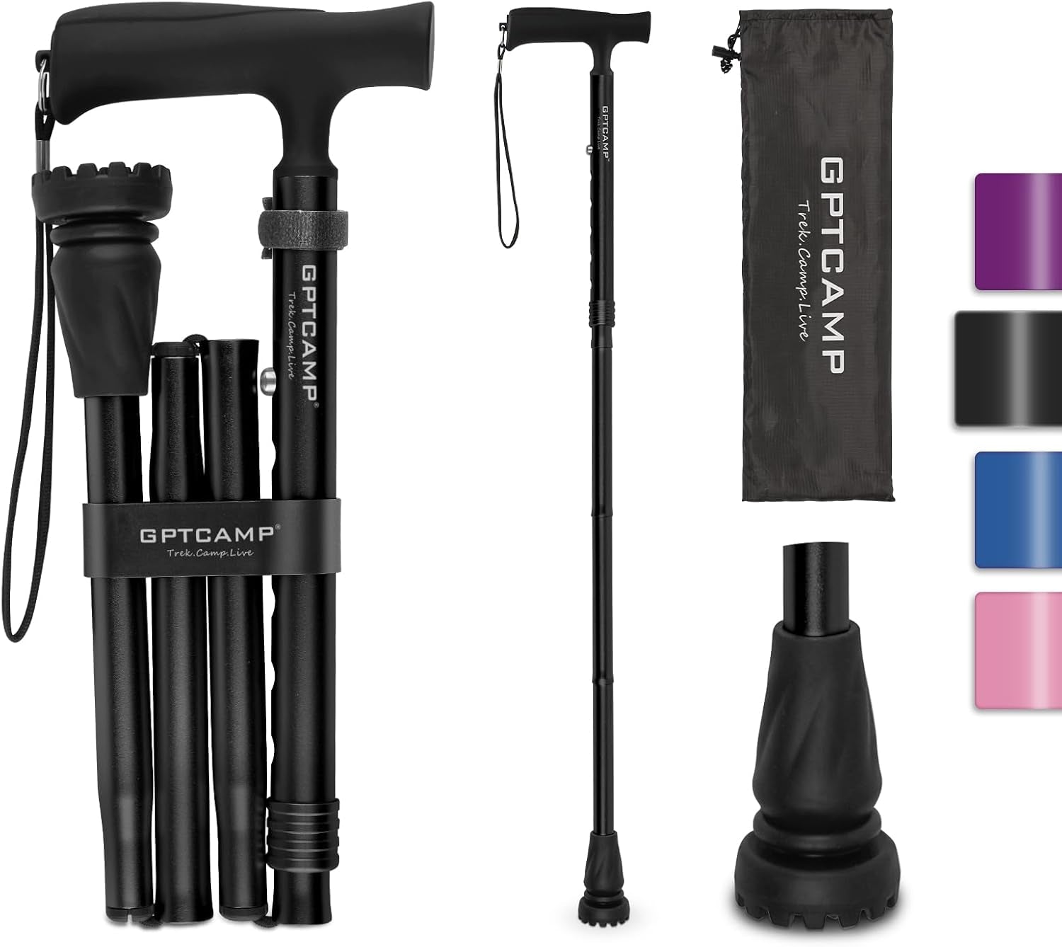 G2 Walking Stick, Fold-Up Walking Cane for Women and Men with Wrist Strap, Portable, Foldable, Collapsible, Lightweight and Sturdy with Comfortable T Handle