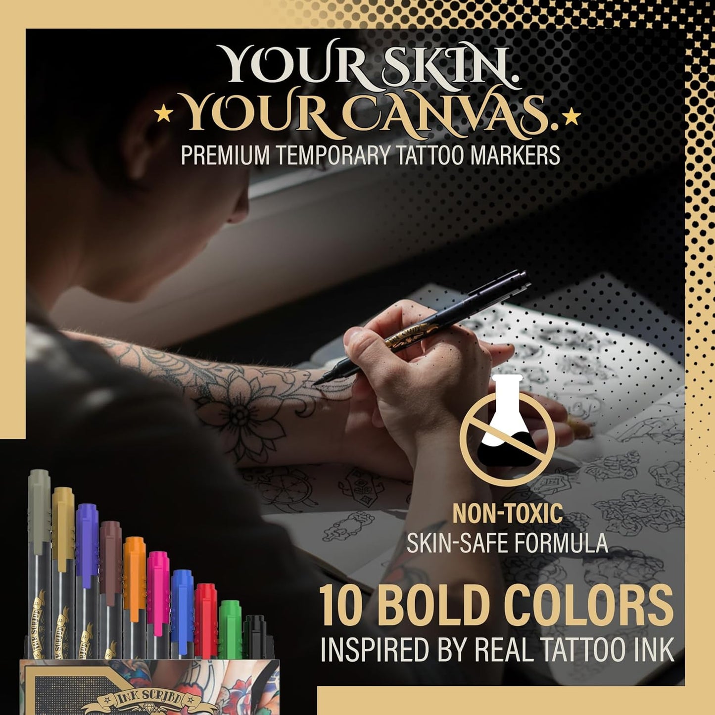 Tattoo Pen Kit for Skin – 10 Temporary Tattoo Markers with Dual Tips & 20 Stencils, Body-Safe Ink for Face, Hands & Arms – Fun Body Art Pens for Kids, Teens, Parties, Festivals & Costume Design