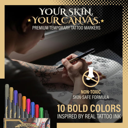 Tattoo Pen Kit for Skin – 10 Temporary Tattoo Markers with Dual Tips & 20 Stencils, Body-Safe Ink for Face, Hands & Arms – Fun Body Art Pens for Kids, Teens, Parties, Festivals & Costume Design
