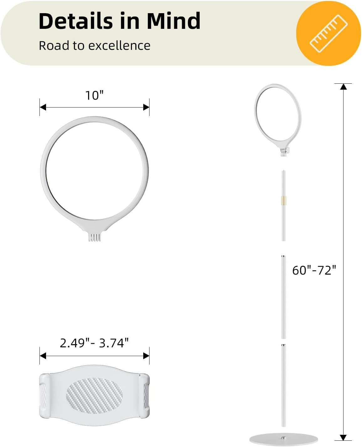 10.5" Ring Light with Stand and Phone Holder - 72" Tripod for Iphone with Light, Professional Led Ringlight for Video Recording/Make Up/Streaming, Full Screen Light Ring for Youtube, Tiktok (White)