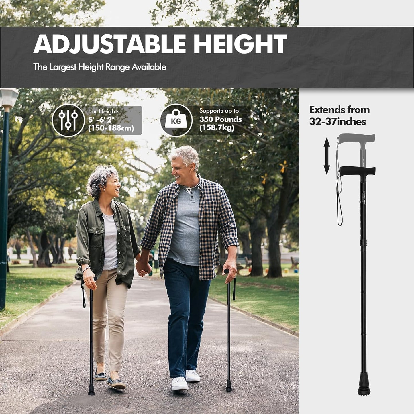G2 Walking Stick, Fold-Up Walking Cane for Women and Men with Wrist Strap, Portable, Foldable, Collapsible, Lightweight and Sturdy with Comfortable T Handle