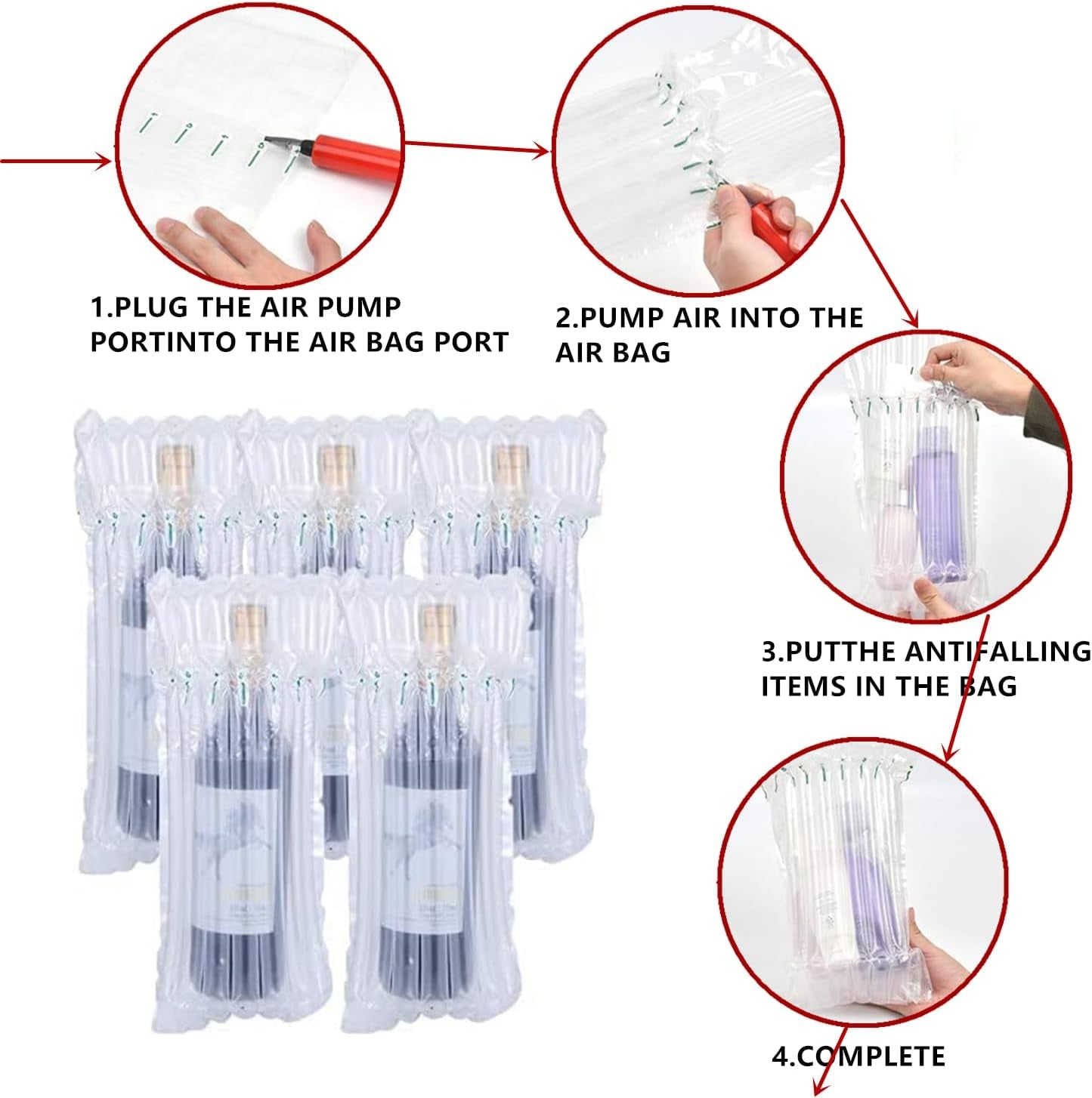 Wine Bottle Protector Bag for Travel, 50 Packs Inflatable Packaging Bubble Wrap for Wine Fruit Glass Bottle, Inflatable Air Column Cushion Bags with Free Pump in Airplane Cushioning