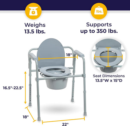 11148-1 Folding Steel Bedside Commode Chair, Portable Toilet, Supports Individuals Weighing up to 350 Lbs, with 7.5 Qt. Bucket and 13.5 Inch Seat, Grey