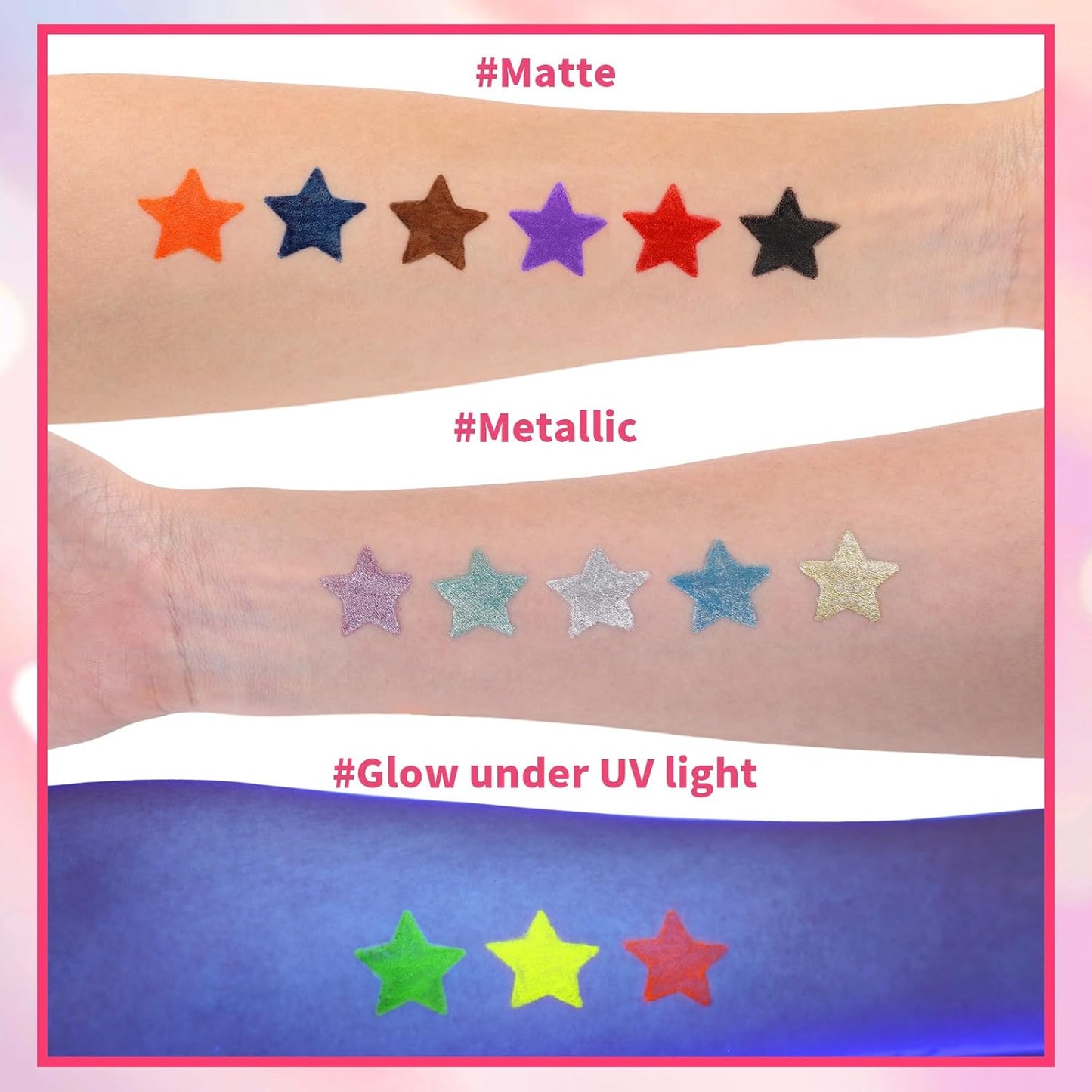 Temporary Tattoo Markers for Skin,15Pcs Dual-Ended Tattoo Pen + 50 Paint Stencils + 43 Tattoos Stickers,Glitter & Matte & Neon Glow Body Marker Set, Removable Fake Tattoos Kit for Teens and Adult
