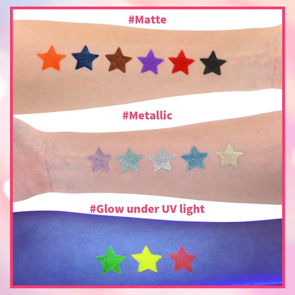 Temporary Tattoo Markers for Skin,15Pcs Dual-Ended Tattoo Pen + 50 Paint Stencils + 43 Tattoos Stickers,Glitter & Matte & Neon Glow Body Marker Set, Removable Fake Tattoos Kit for Teens and Adult