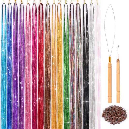 16 Colors Hair Tinsel Kit,  48 Inches 3300 Strands Tinsel Hair Extensions, Fairy for Christmas Halloween Cosplay Party, Highlights Sparkling Glitter Hair