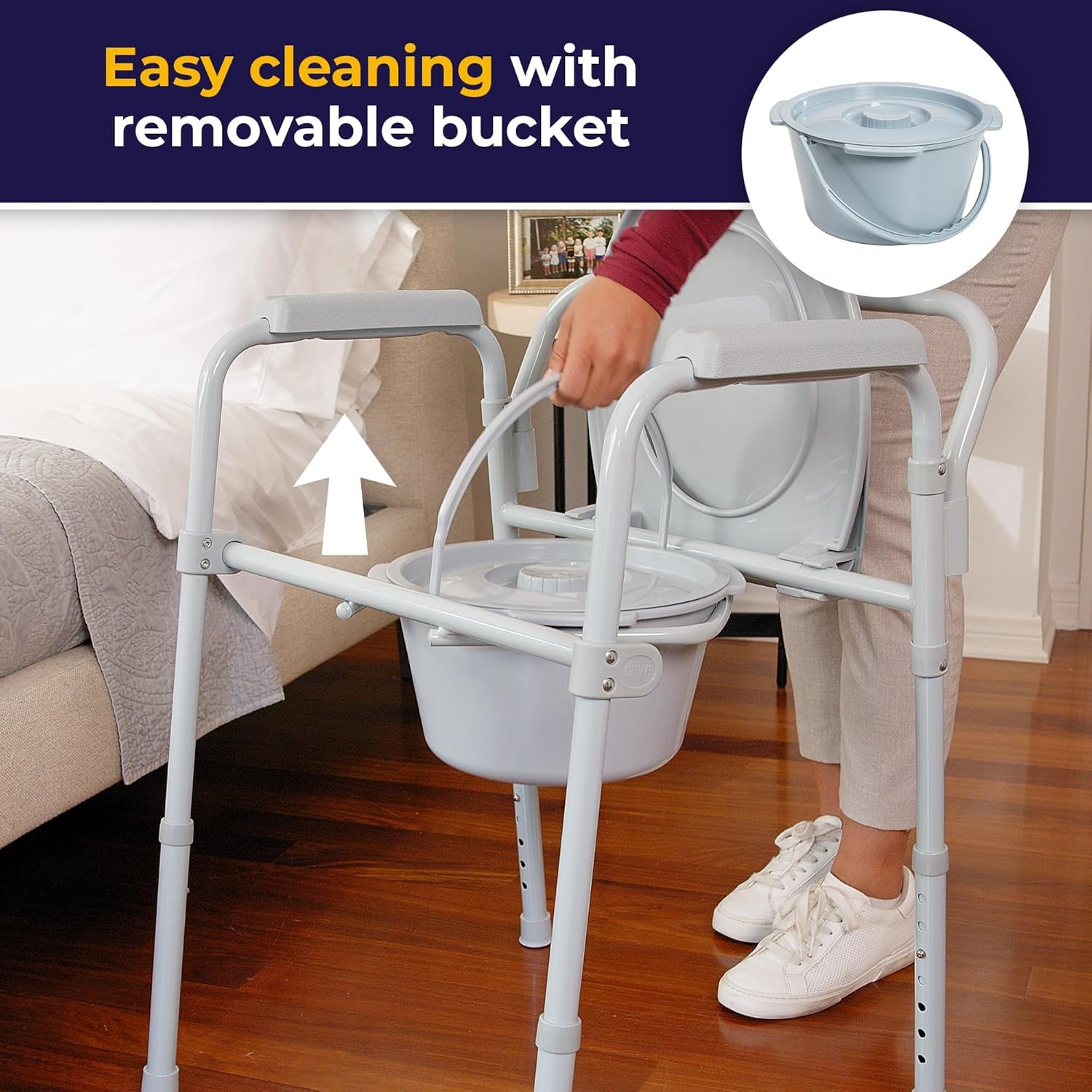 11148-1 Folding Steel Bedside Commode Chair, Portable Toilet, Supports Individuals Weighing up to 350 Lbs, with 7.5 Qt. Bucket and 13.5 Inch Seat, Grey