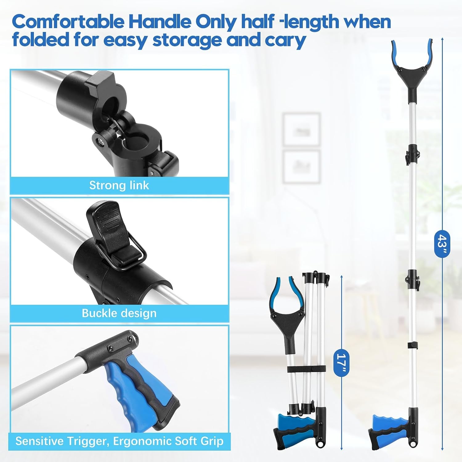 43 Inch Grabber Reacher Tool, Grabbers for Seniors Heavy Duty, Trash Picker Upper Grabber, Collapsible and Easy to Store, Wide Jaw, Grips Items Easily and Securely