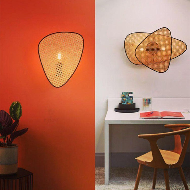 Rattan Wicker Wood Bamboo Leaf Grid Lamp Chandelier
