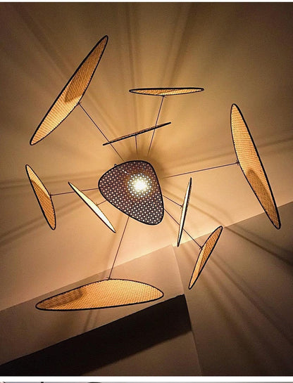 Rattan Wicker Wood Bamboo Leaf Grid Lamp Chandelier
