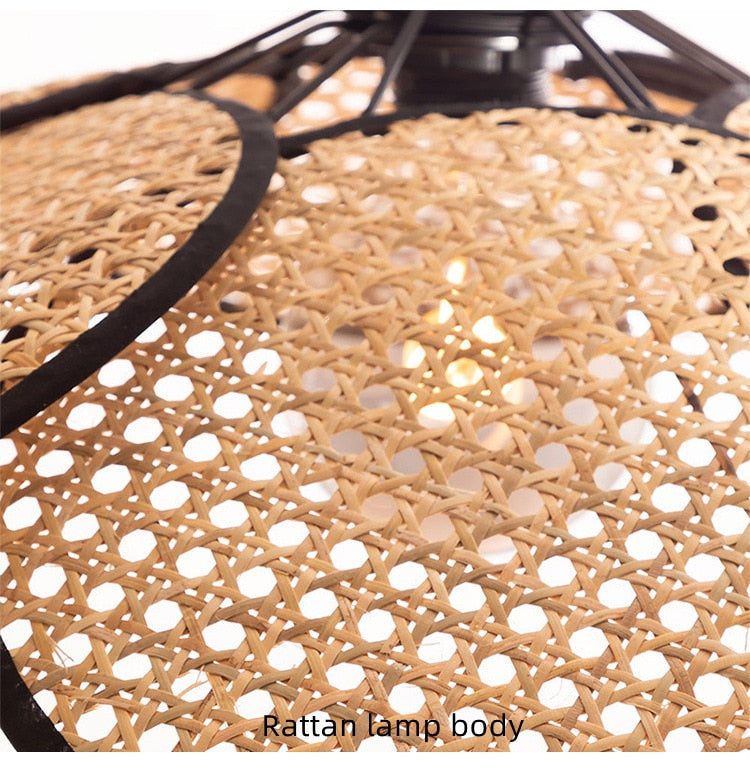 Rattan Wicker Wood Bamboo Leaf Grid Lamp Chandelier