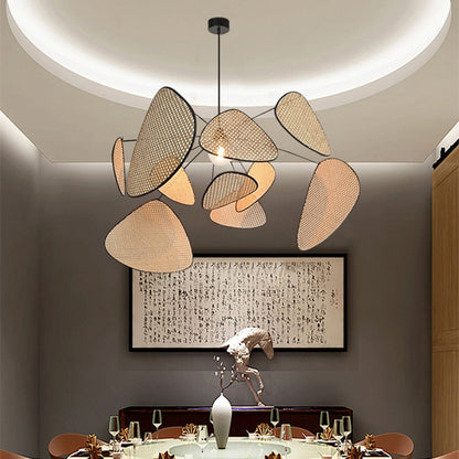 Rattan Wicker Wood Bamboo Leaf Grid Lamp Chandelier
