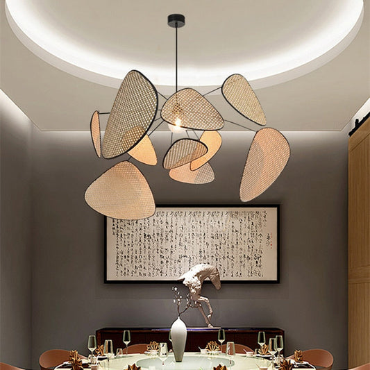 Rattan Wicker Wood Bamboo Leaf Grid Lamp Chandelier