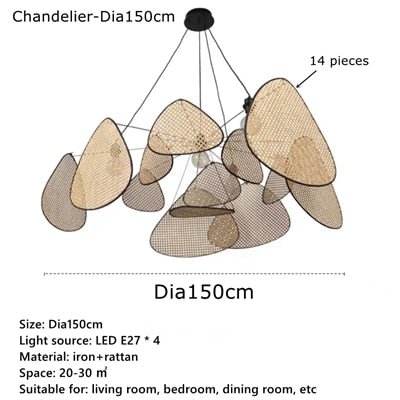 Rattan Wicker Wood Bamboo Leaf Grid Lamp Chandelier - Querencian
