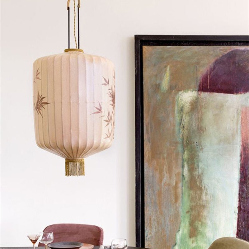 Chinese Fabric Hand Drawn Pattern Lantern Lamp - Querencian