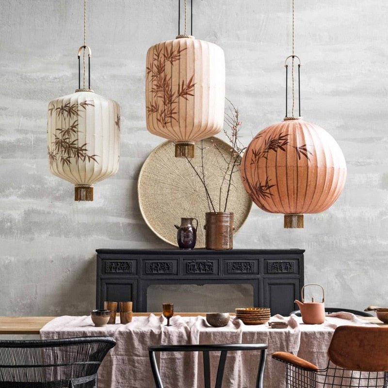 Chinese Fabric Hand Drawn Pattern Lantern Lamp - Querencian