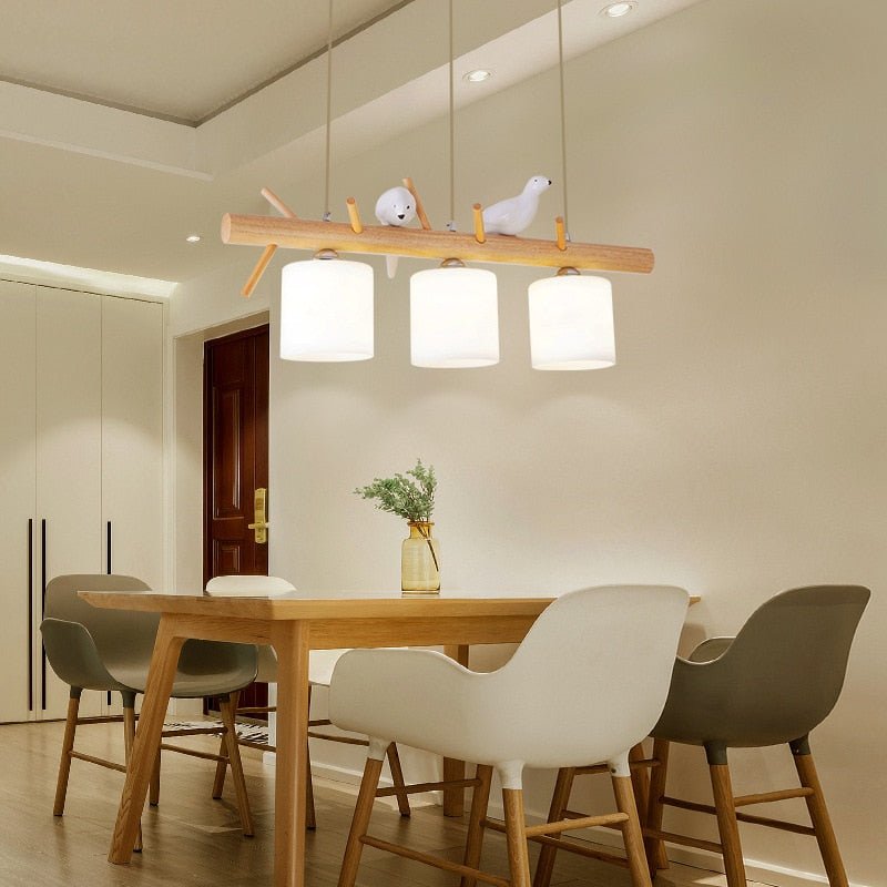 Nordic Long White Glass Wood Chandelier - Querencian