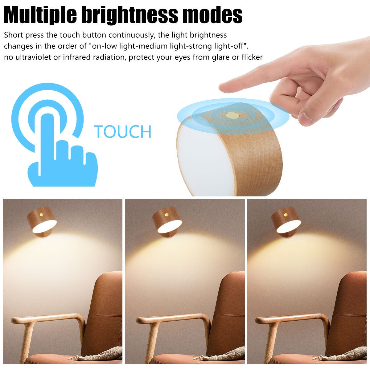 Rotary Wooden Wireless touch switch wall lights - Querencian